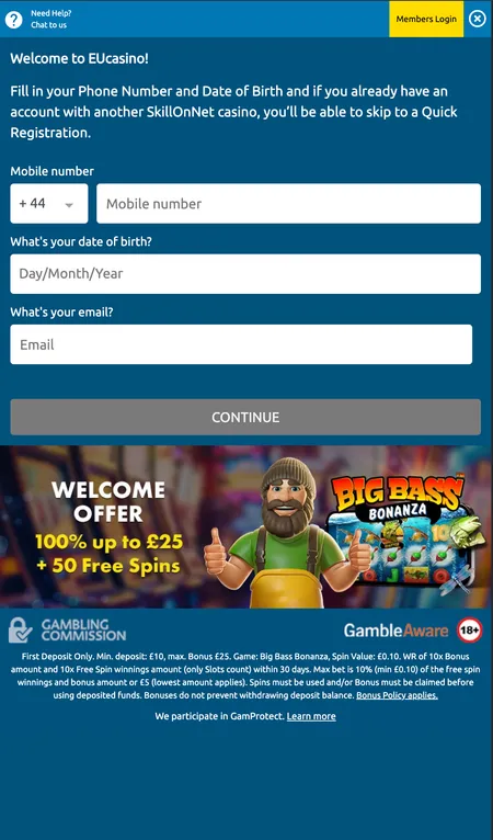 EU Casino first registration step form
