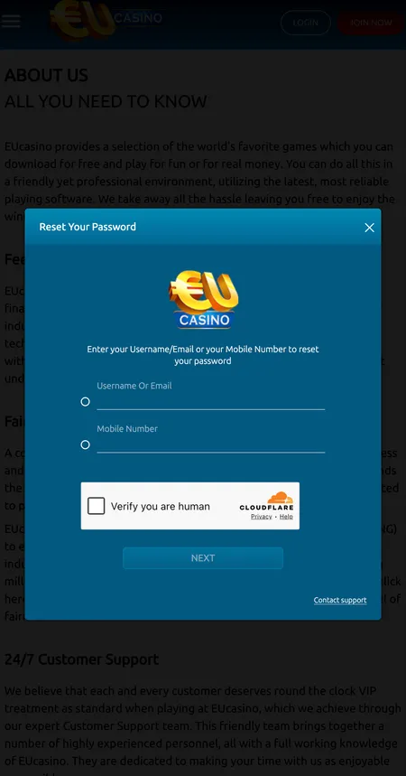 EU Casino password reset screen with email input